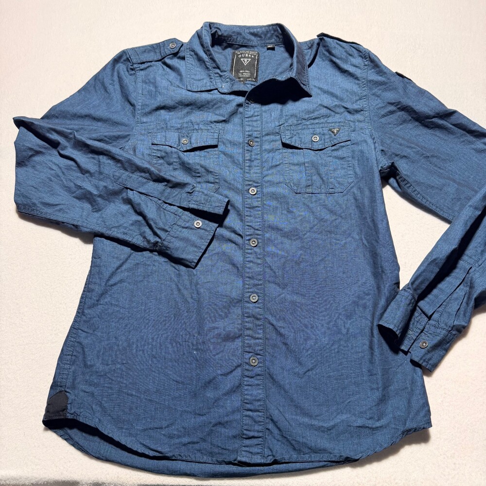 Guess Medium Blue Cotton Long Sleeve Shirt Casual Button-Up